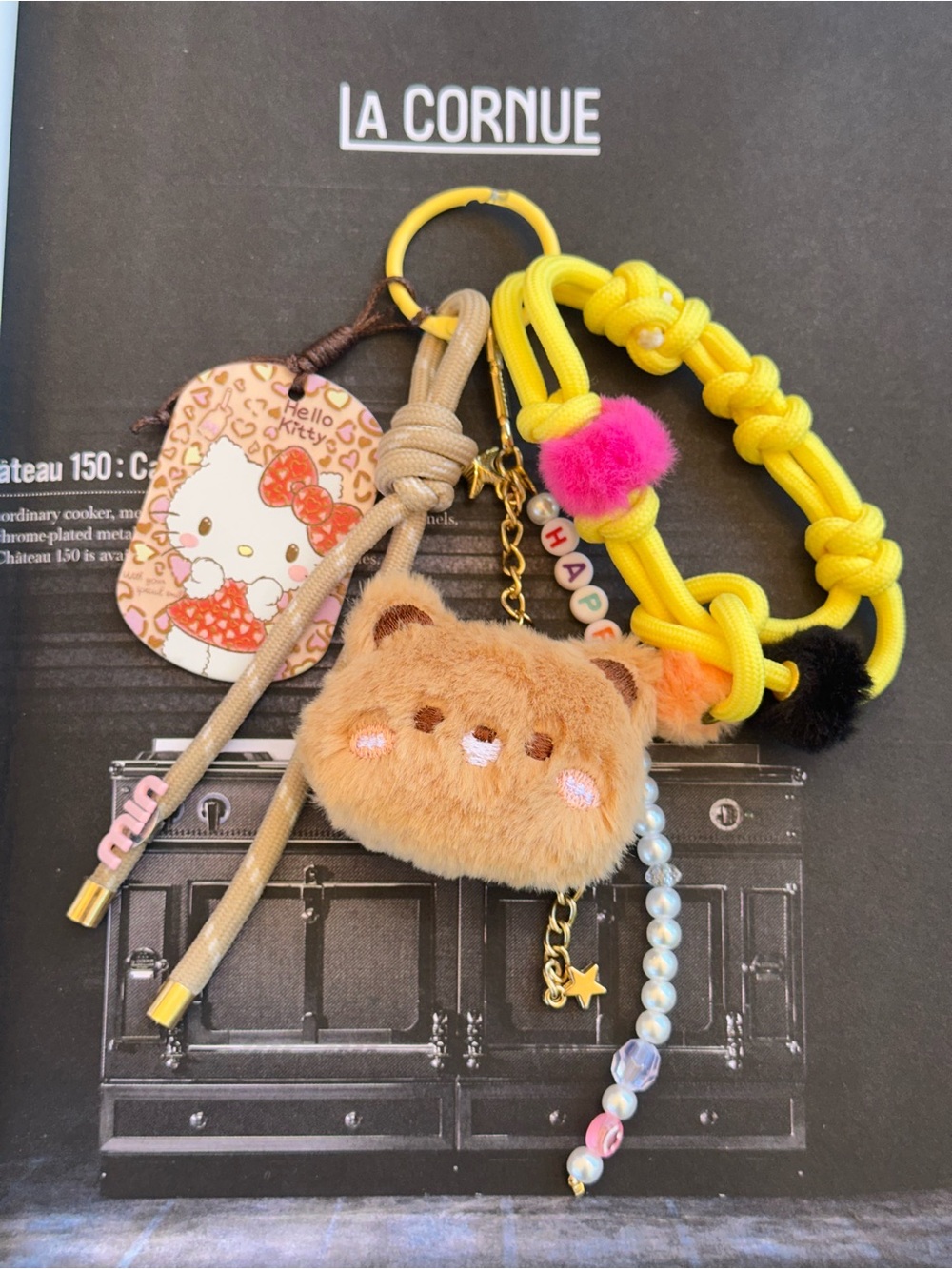 La Cornue Miu-inspired Bag Charm Set with Fuzzy Bear, Hello Kitty & Happy charm